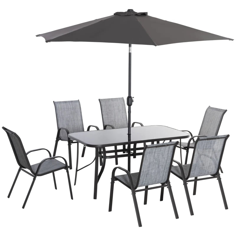 8 Pieces Patio Dining Set with Umbrella, 6 Chairs and Table, Grey