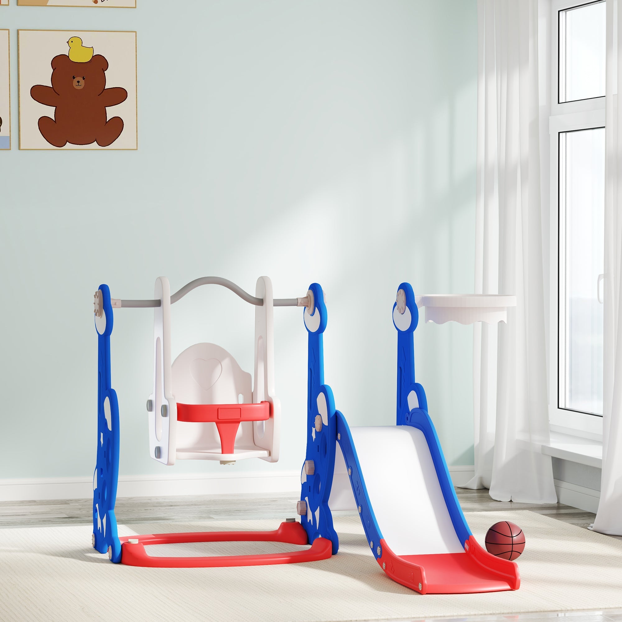 Qaba 4-in-1 Slide and Swing Set with Basketball Hoop, Climber, for Ages 1.5-4 Boys Girls Toddler, Rocket Themed, Dark Blue 