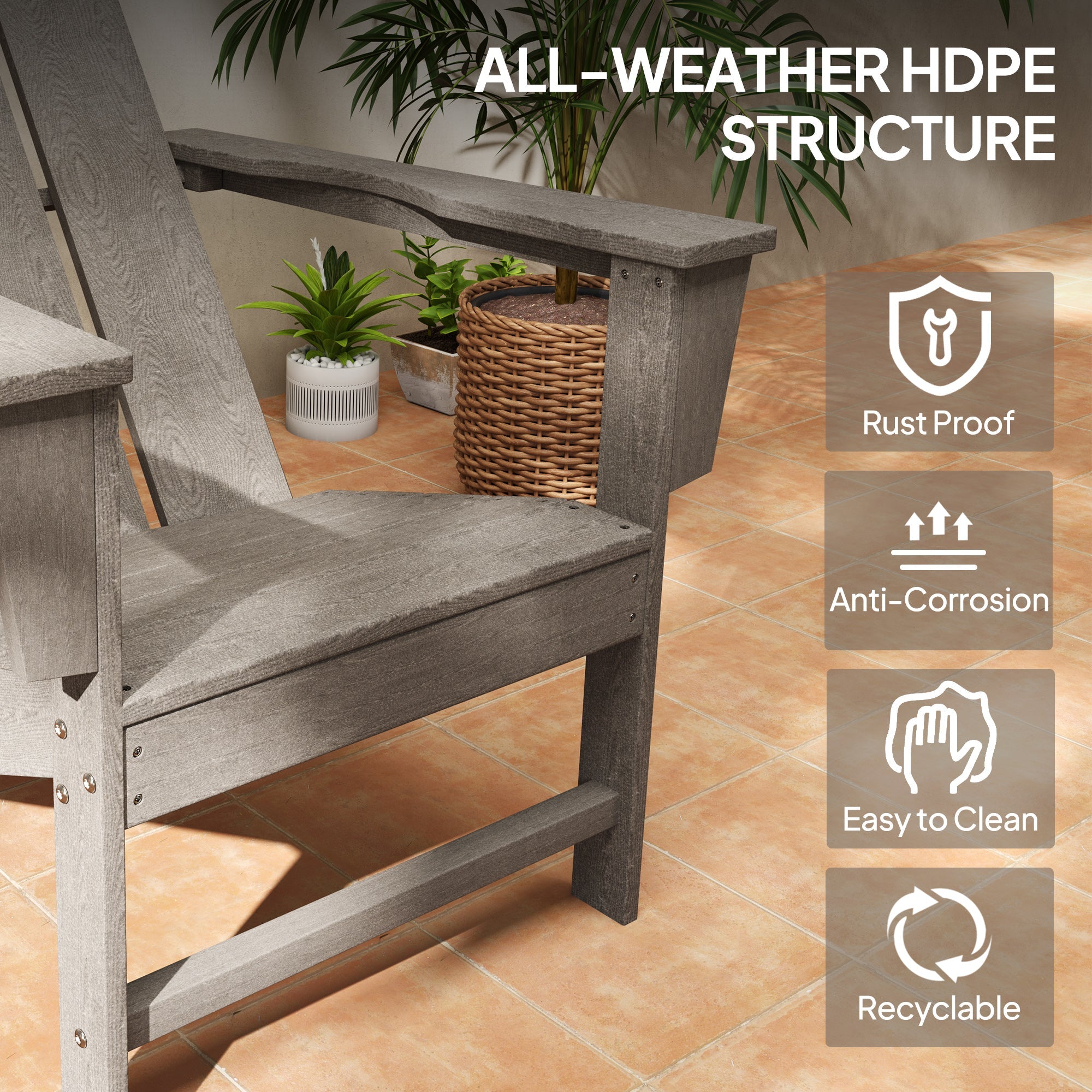 Outsunny HDPE Plastic Adirondack Chair, Muskoka Chair with High Back and Wide Armrests for Fire Pit, Patio, Porch, Dark Grey 