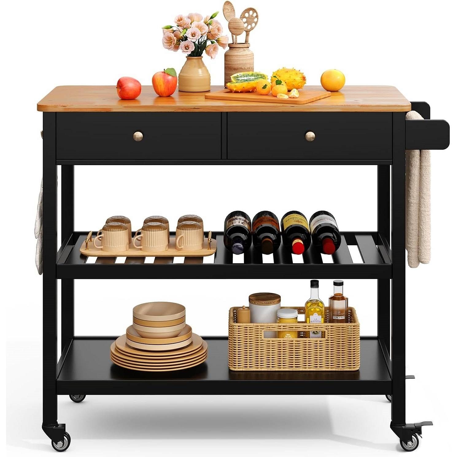 Black Kitchen Island Cart with Wood Top 2 Shelves 2 Drawers and Locking Wheels - Free Shipping