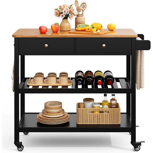 Black Kitchen Island Cart with Wood Top 2 Shelves 2 Drawers and Locking Wheels - Free Shipping