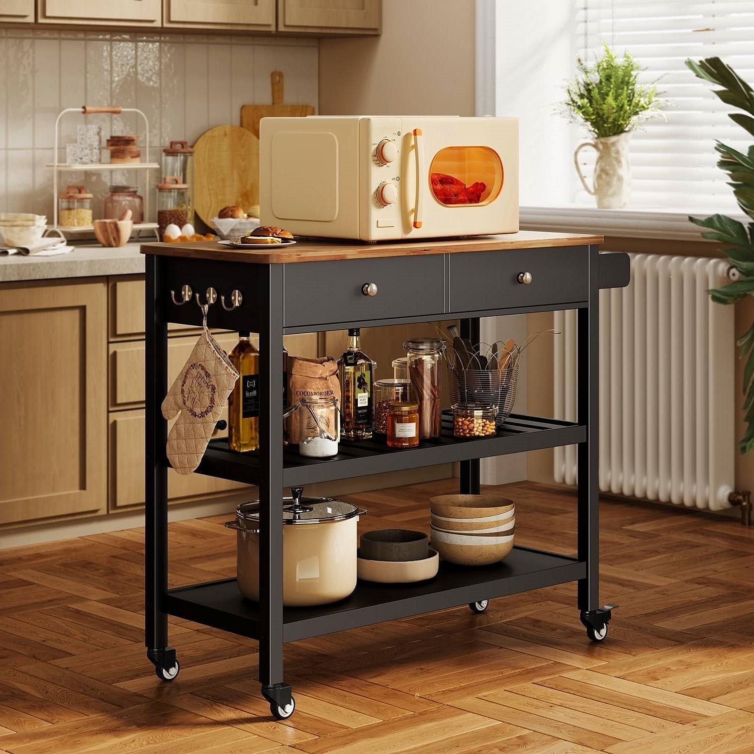 Black Kitchen Island Cart with Wood Top 2 Shelves 2 Drawers and Locking Wheels - Free Shipping 