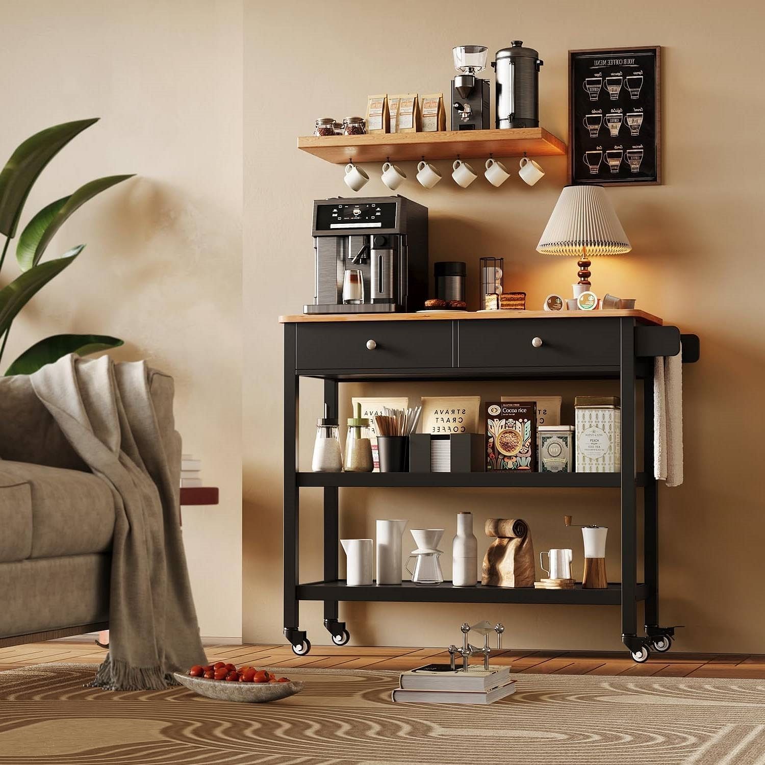 Black Kitchen Island Cart with Wood Top 2 Shelves 2 Drawers and Locking Wheels - Free Shipping 