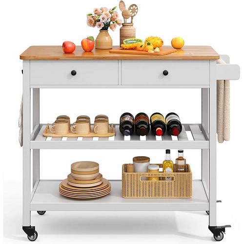 White Kitchen Island Cart with 2 Drawers Wood Top and Locking Wheels - Free Shipping