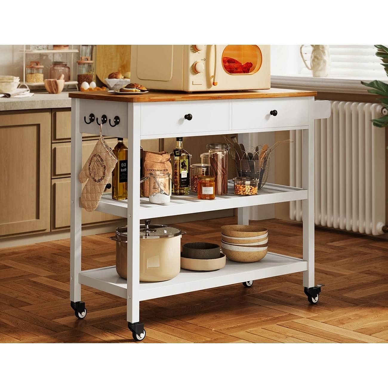 White Kitchen Island Cart with 2 Drawers Wood Top and Locking Wheels - Free Shipping