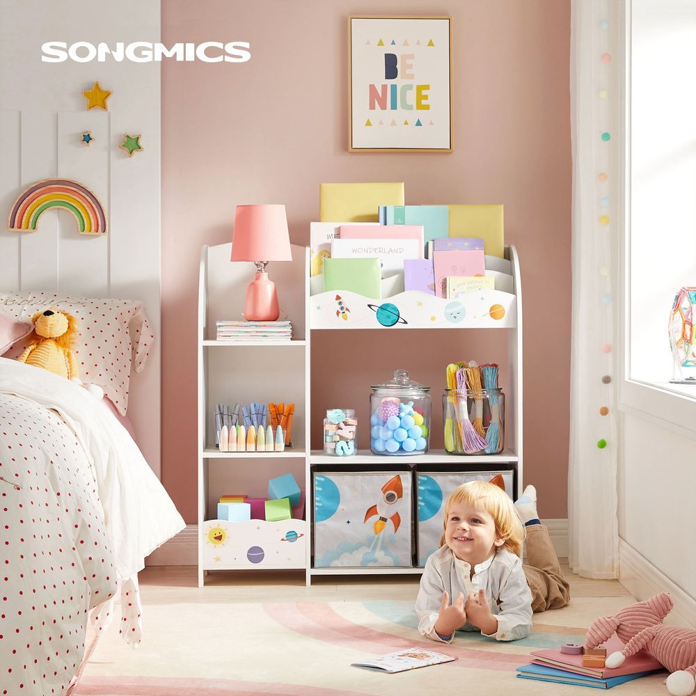 SONGMICS Kids Toy and Book Organizer with 2 Fabric Storage Bins
