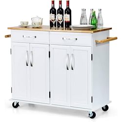 White Kitchen Cart Island with Wood Top 2 Drawers and Bottom Storage Cabinet - Free Shipping 