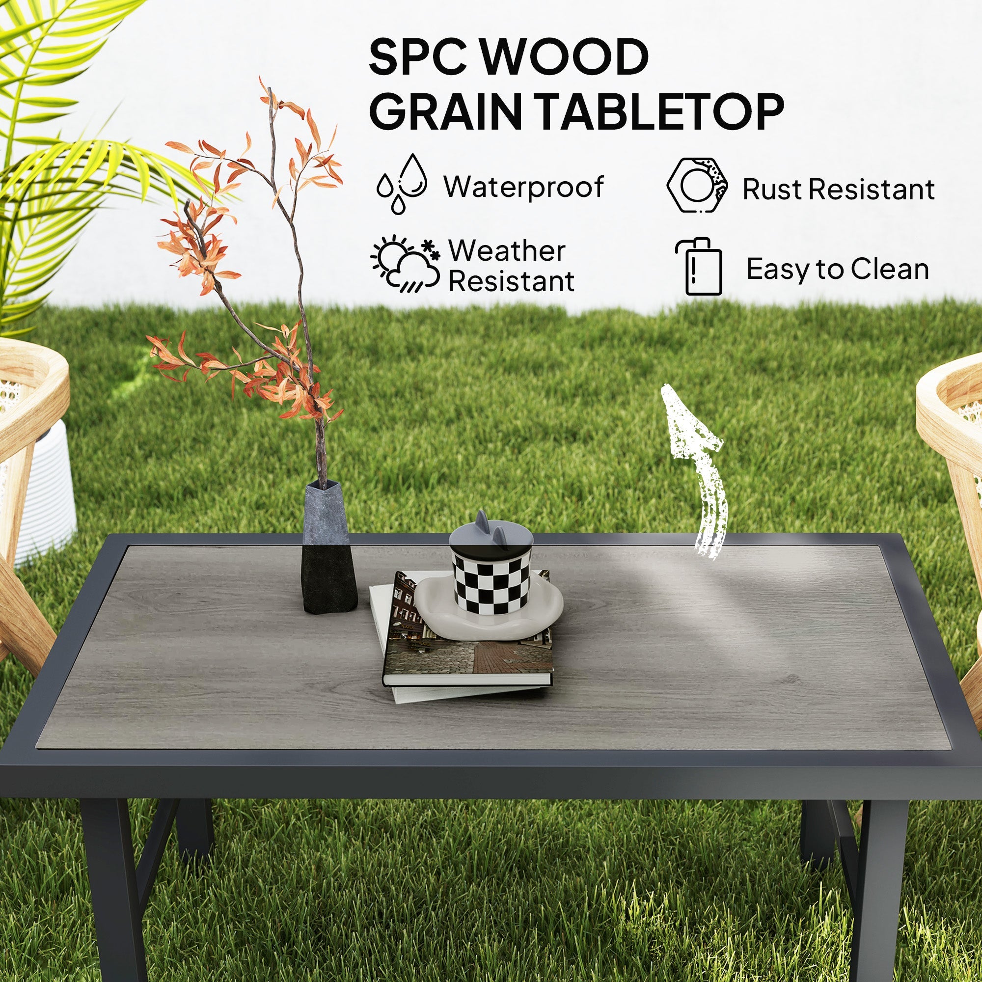 Outsunny Outdoor Side Table with SPC Woodgrain Tabletop, Metal Patio Coffee Table for Outside Garden, Distressed Grey 