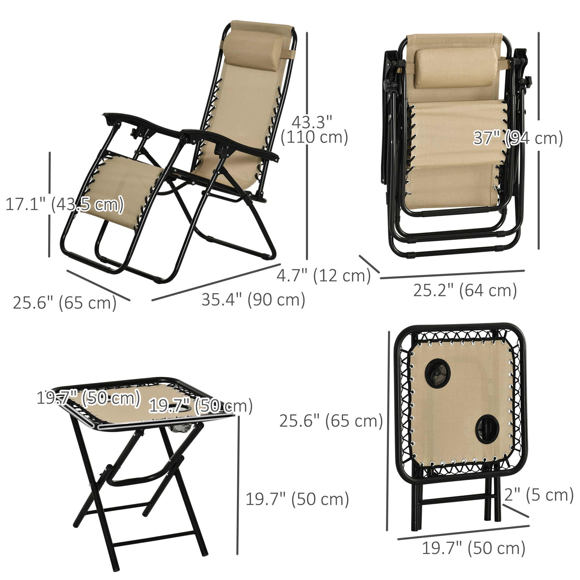 Outsunny Zero Gravity Chair Set of 2 Patio Chair with Side Table Cupholders and Pillows for Pool, Backyard, Lawn, Beige 