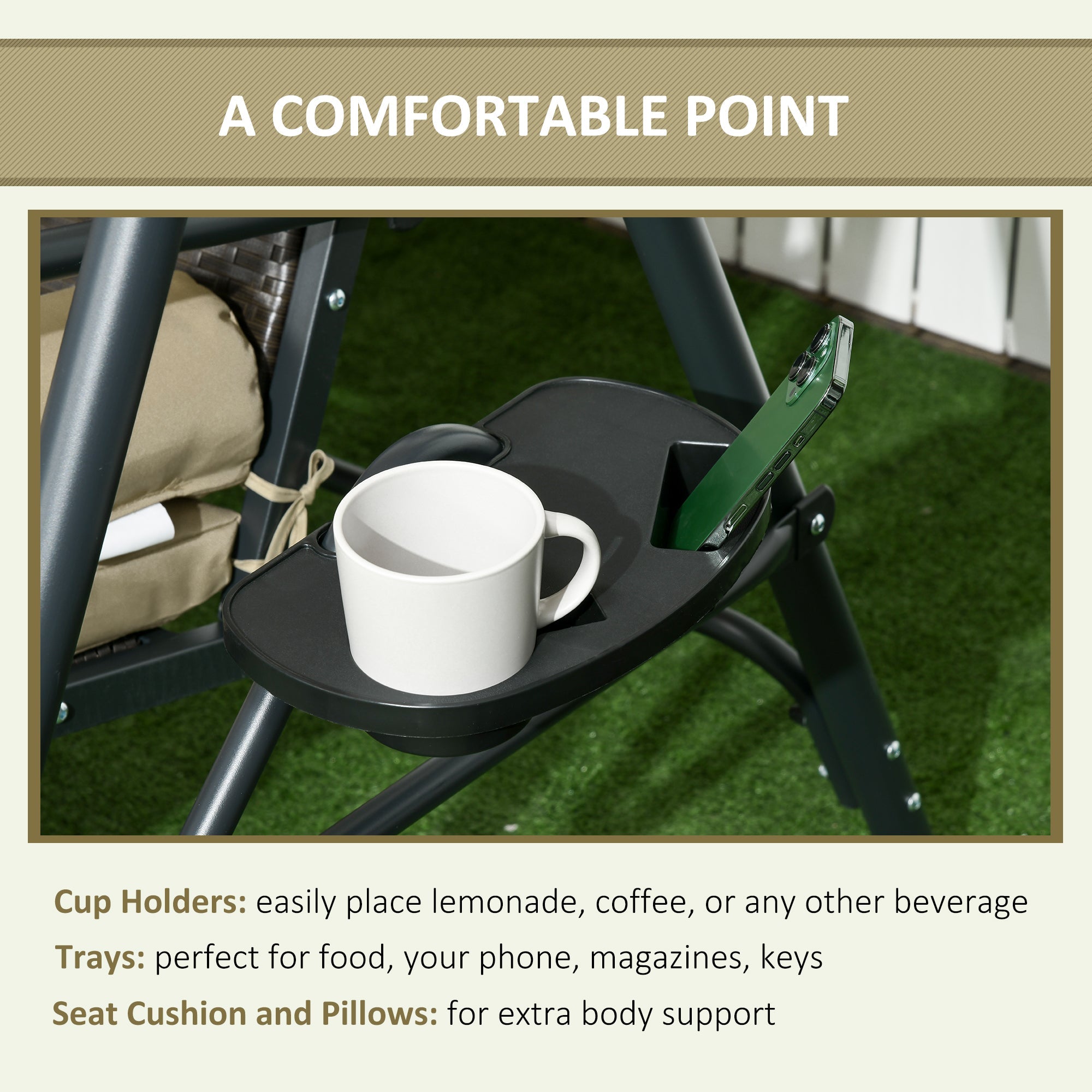 Outsunny Outdoor 3-Seat Porch Swing with Canopy: Rattan Seat, Removable Cushion, Pillows, Steel Frame for Patio Comfort 