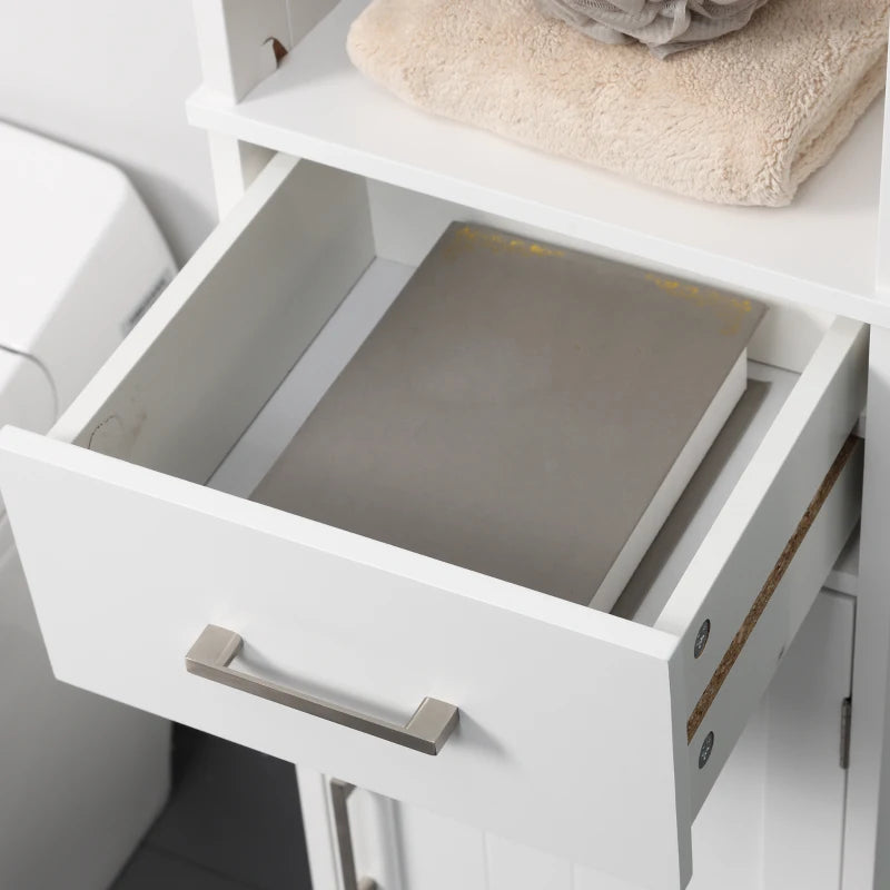 Tall Bathroom Storage Cabinet, Slim Bathroom Cabinet with 3 Tier Shelf, Drawer, Door, Freestanding Linen Tower, White