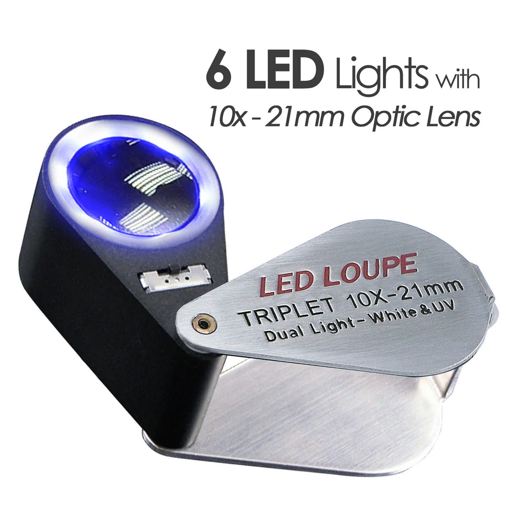 10x Jeweler's Loupe with 21mm Triplet Lens, 6 LED Lights & UV Light