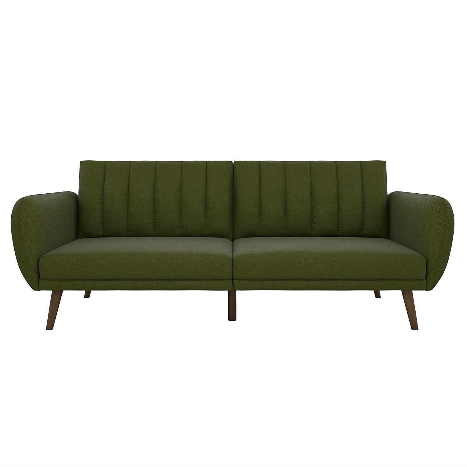 Green Linen Upholstered Futon Sofa Bed with Mid-Century Style Wooden Legs - Free Shipping 