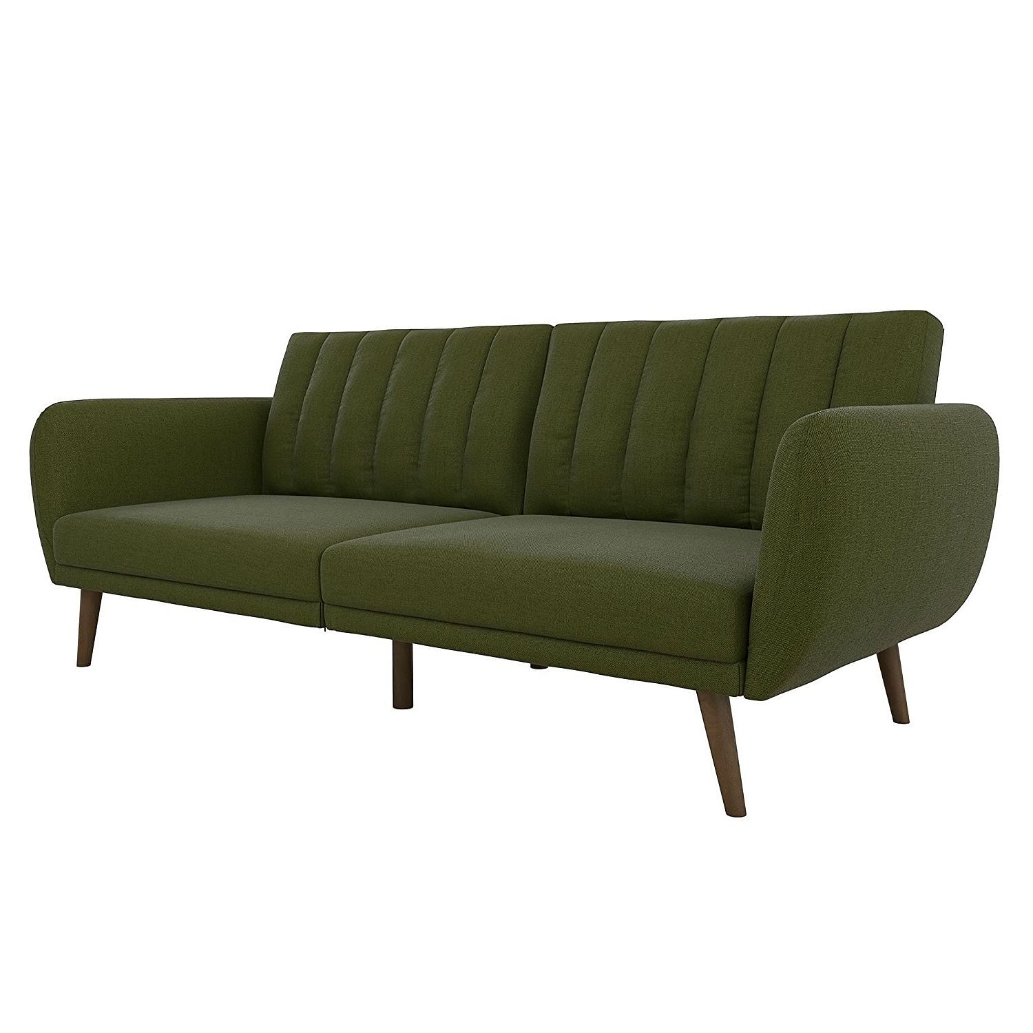 Green Linen Upholstered Futon Sofa Bed with Mid-Century Style Wooden Legs - Free Shipping 