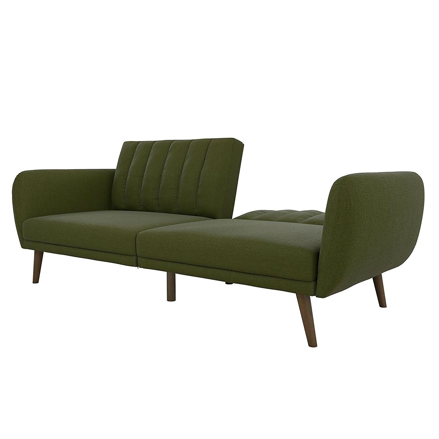Green Linen Upholstered Futon Sofa Bed with Mid-Century Style Wooden Legs - Free Shipping 