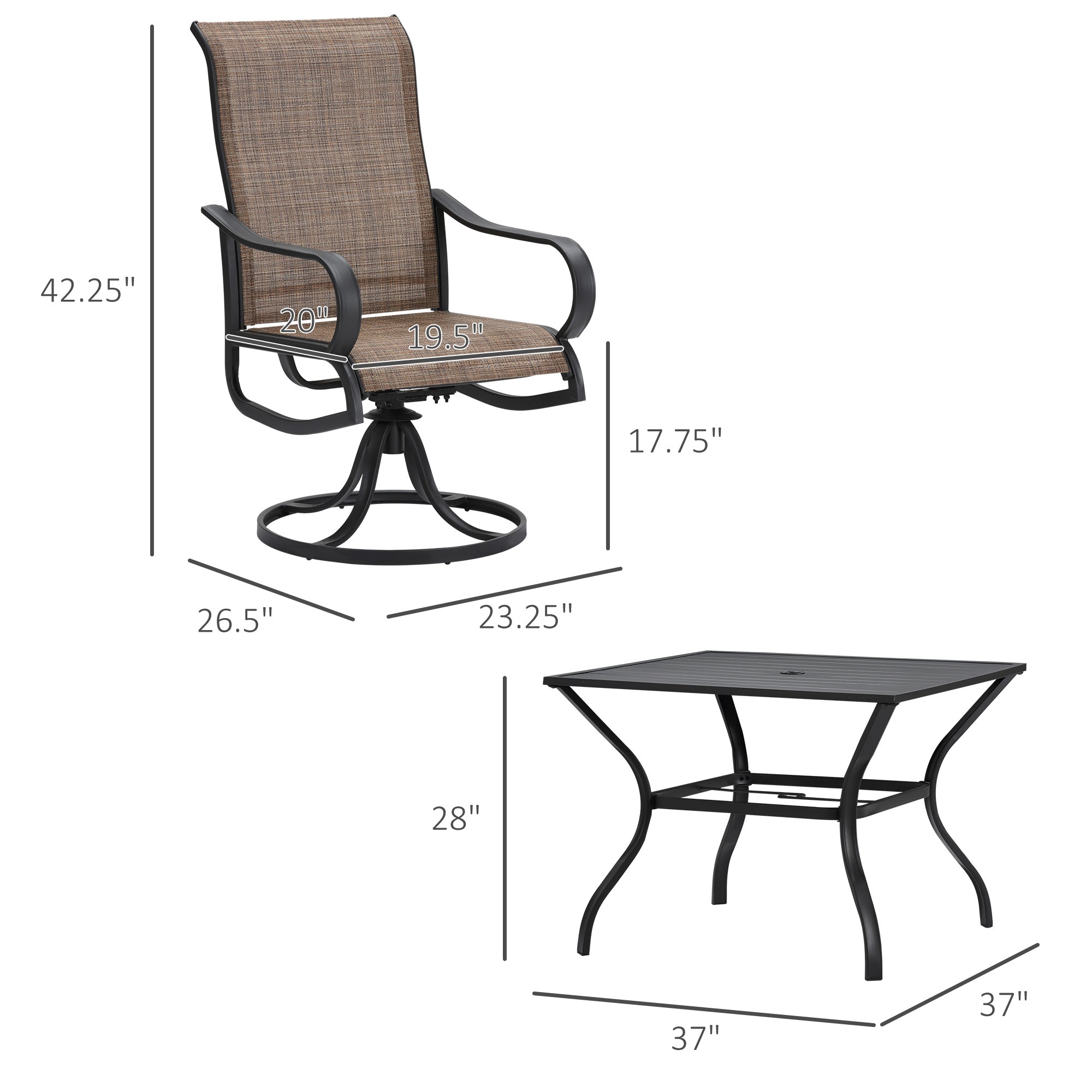 Outsunny 5-Piece Outdoor Patio Dining Set, 4 Swivel Rocker Chairs and 37" x 37" Dining Table Furniture Set with Umbrella Hole, Black 