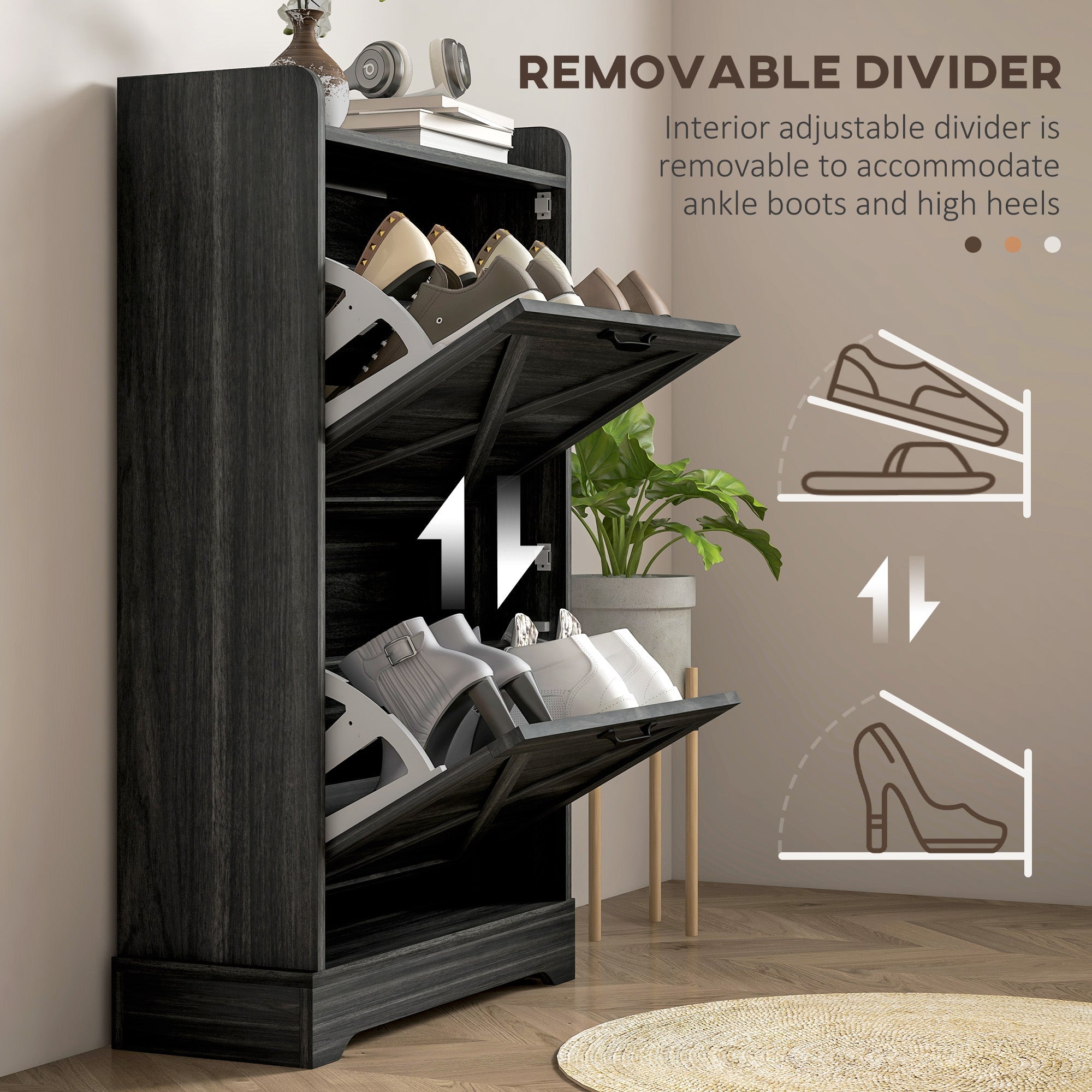 HOMCOM Slim Shoe Storage Cabinet, Farmhouse Shoe Cabinet with 2 Flip Drawers, Adjustable Shelves for 8 Pairs, Distressed Grey 