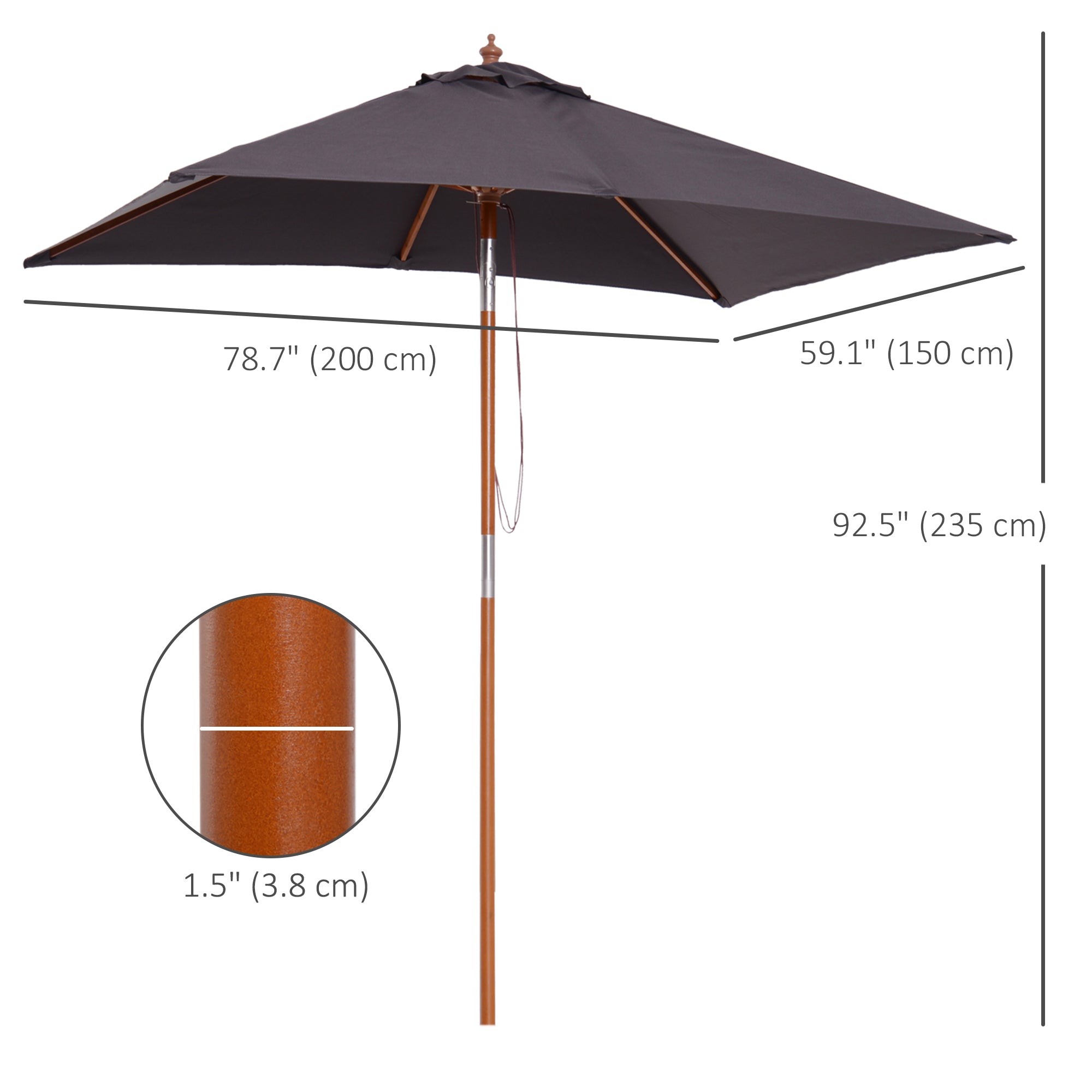 Outsunny Market Umbrella: 6.6x5ft Square Wooden Tilt 6 Bamboo Ribs Dark Grey 