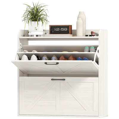 HOMCOM Narrow Shoe Storage Cabinet, Farmhouse Slim Shoe Cabinet with 2 Flip Drawers, Adjustable Shelves, Oak White 