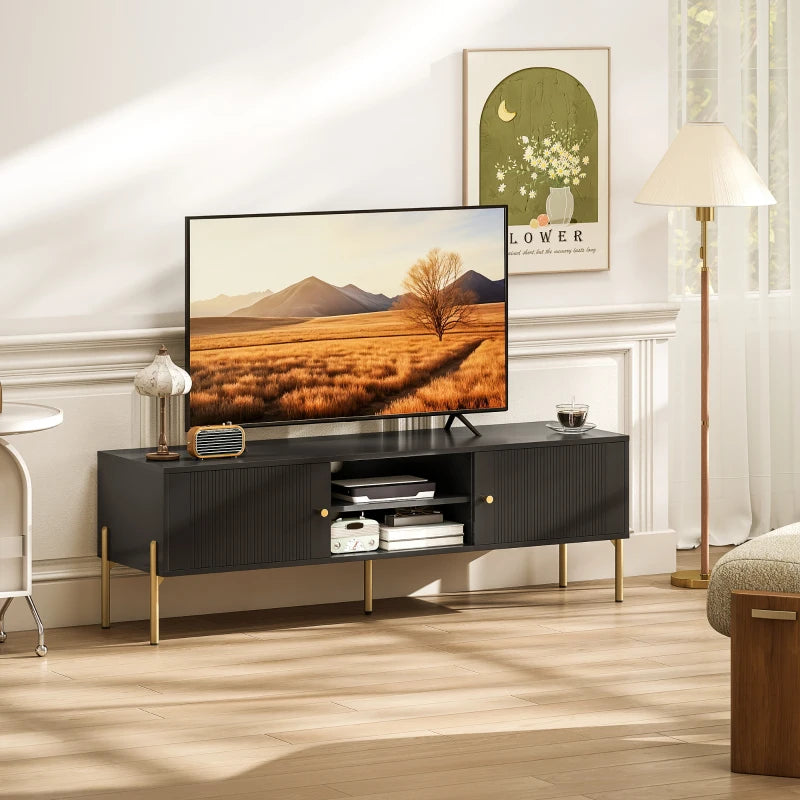 TV Stand for TVs up to 65", Entertainment Center with 2 Open Shelves, 2 Cabinets and Steel Legs for Living Room, Black