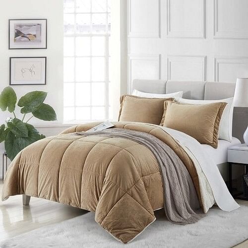 King Plush Microfiber Reversible Comforter Set in Gold - Free Shipping