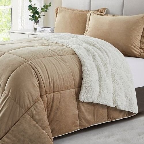 King Plush Microfiber Reversible Comforter Set in Gold - Free Shipping