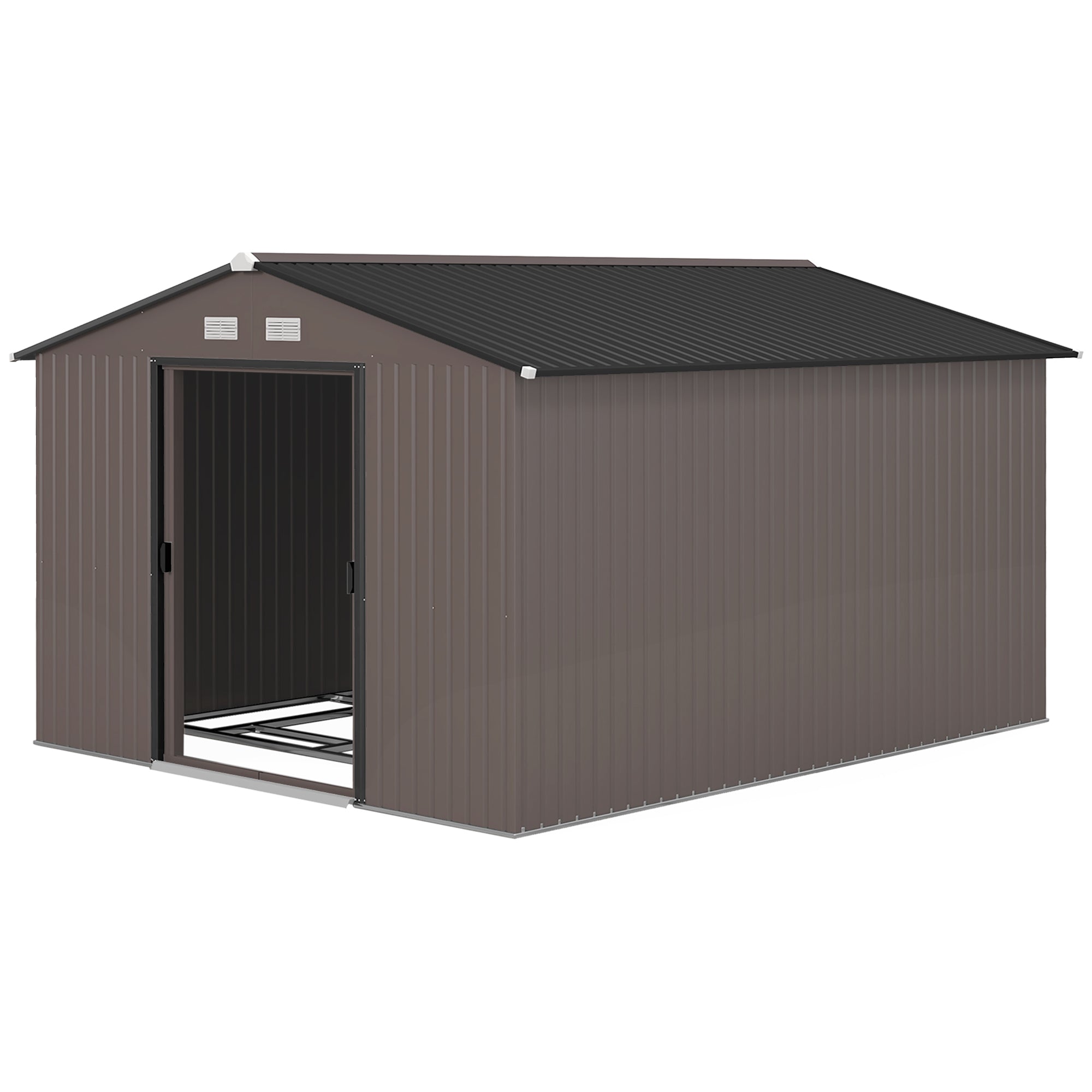 Outsunny 9' x 10.6' Garden Storage Shed w/ Foundation Kit Metal Tool Storage House w/ Double Doors Brown 