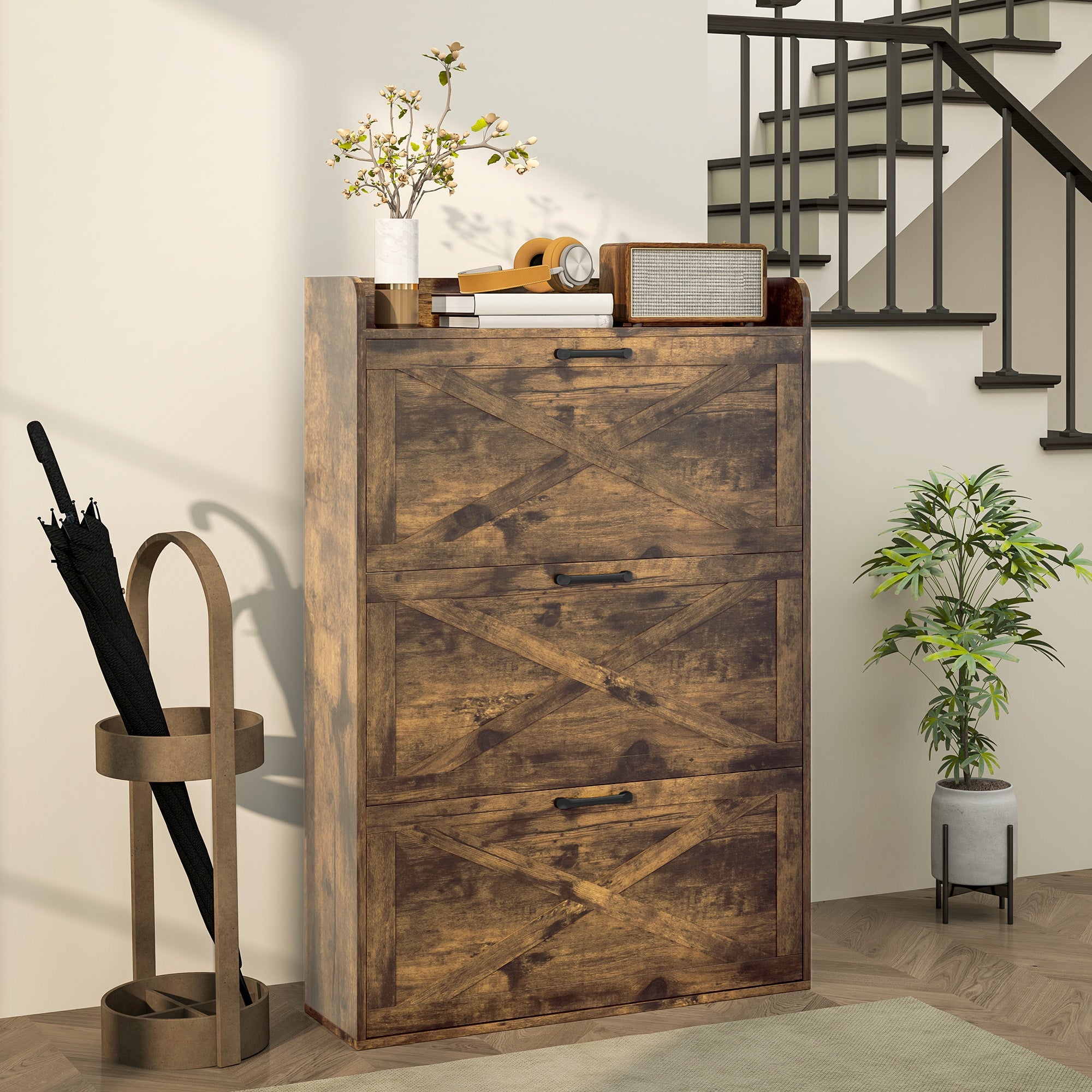 HOMCOM Narrow Shoe Storage Cabinet Farmhouse Shoe Cabinet with 3 Flip Drawers Adjustable Shelves for Entryway Rustic Brown 