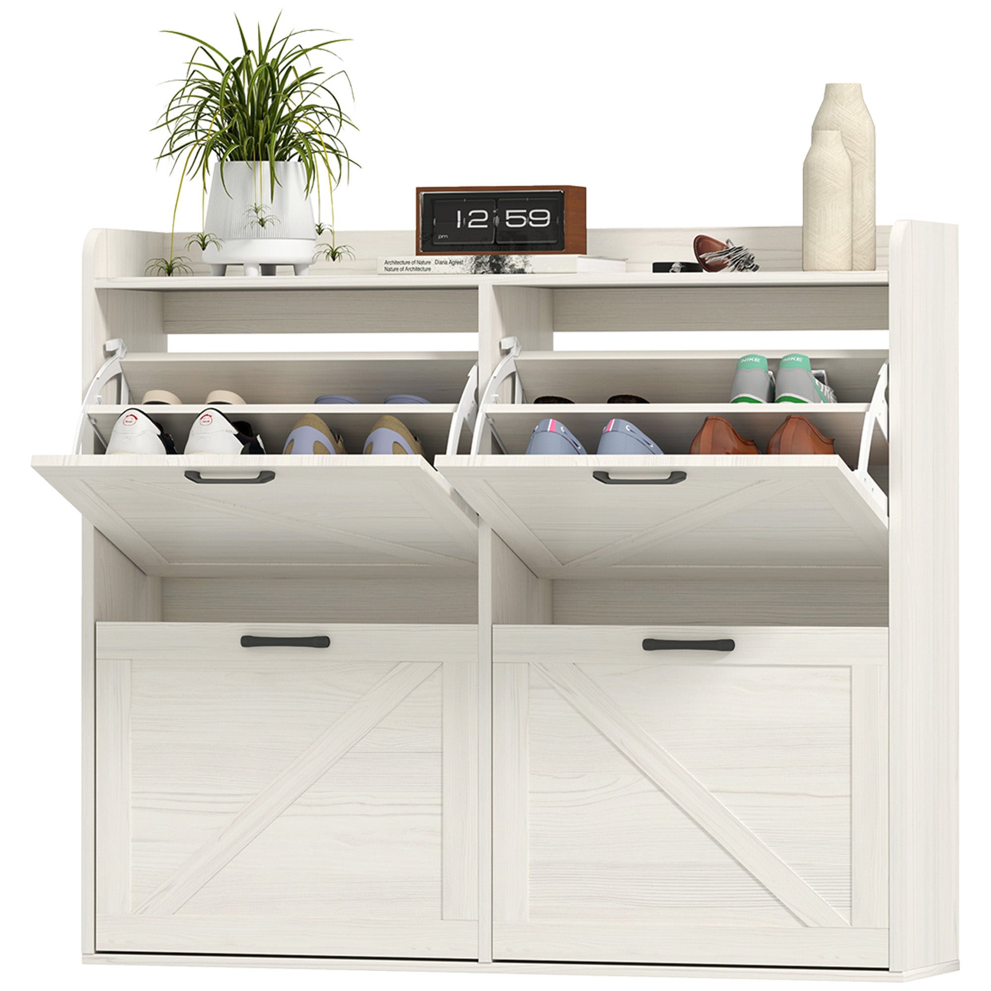 HOMCOM Narrow Shoe Storage Cabinet with 4 Flip Drawers, Adjustable Shelves, 16 Pair Farmhouse Shoe Cabinet, White Oak 