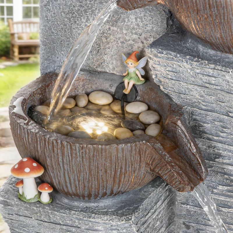 Outdoor Cascading Rock Water Fountain, 5-Tier Waterfall Feature with LED Lights, Adjustable Flow, Grey and Rustic Brown