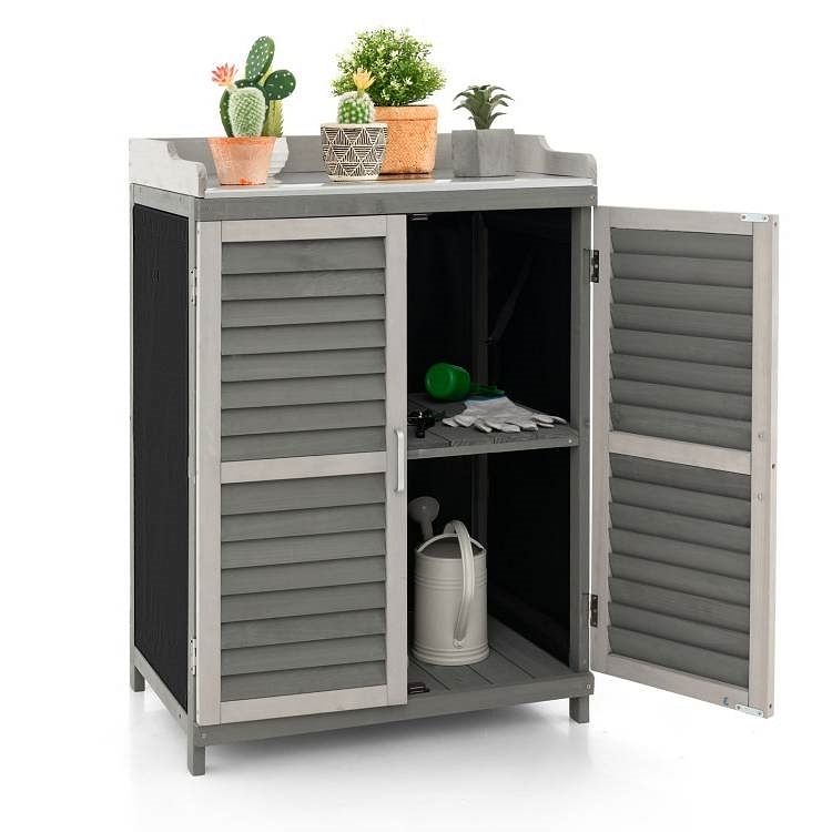 Grey Solid Wood Patio Storage Cabinet Garden Potting Bench Table with Metal Top - Free Shipping 