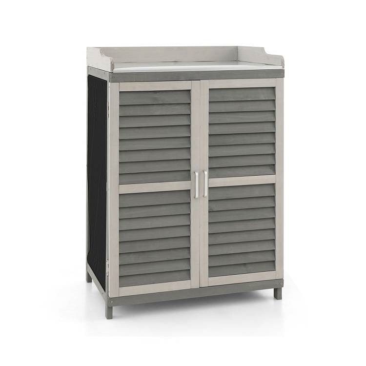 Grey Solid Wood Patio Storage Cabinet Garden Potting Bench Table with Metal Top - Free Shipping 