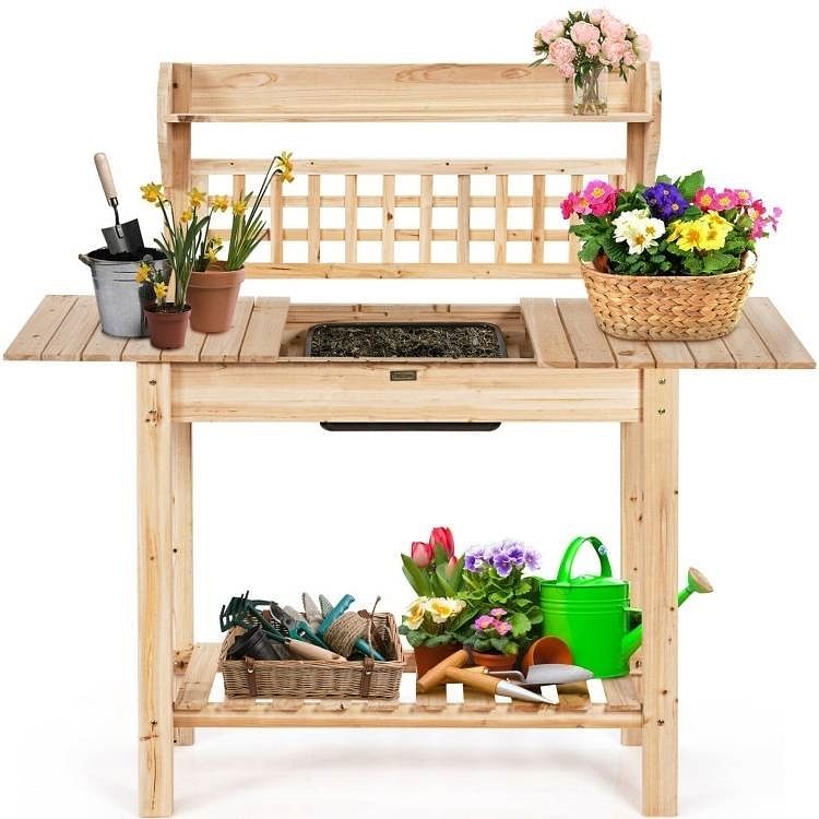 Solid Wood Garden Potting Bench Table with Bottom Shelf and Removeable Sink - Free Shipping