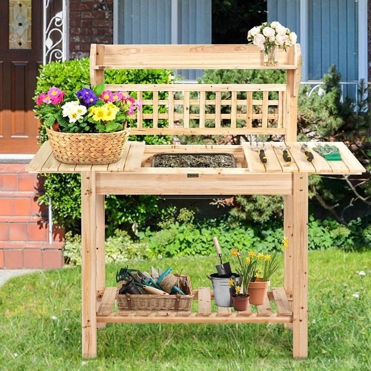 Solid Wood Garden Potting Bench Table with Bottom Shelf and Removeable Sink - Free Shipping