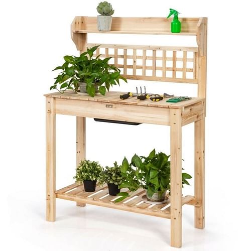 Solid Wood Garden Potting Bench Table with Bottom Shelf and Removeable Sink - Free Shipping