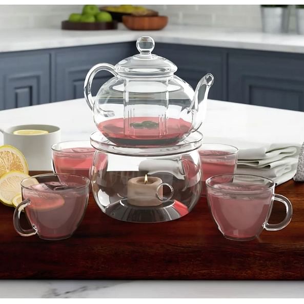 6-Piece Glass Tea Pot Set with 4 Cups Teapot Warmer and Infuser - Free Shipping 