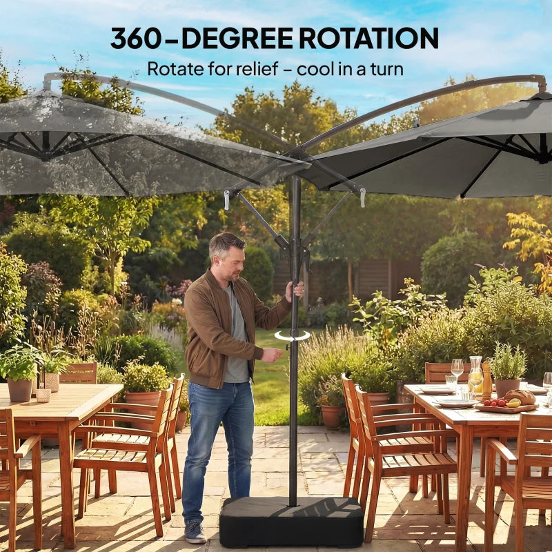 9.6 ft Offset Patio Umbrella with Sandbag, Garden Hanging Banana Cantilever Parasol with 360° Rotation, Grey