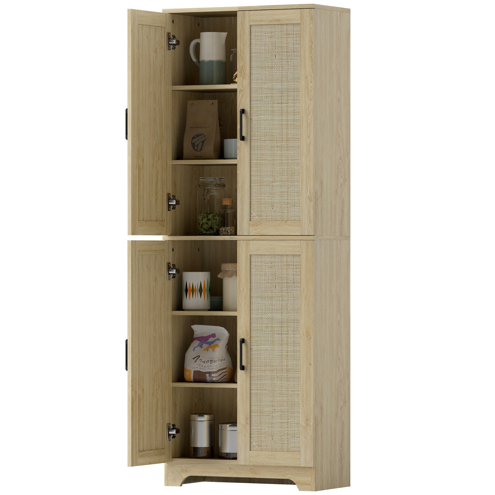 HOMCOM 67" Tall Kitchen Pantry, Freestanding Kitchen Storage Cabinet with 4 Rattan Doors and Adjustable Shelves, Oak 