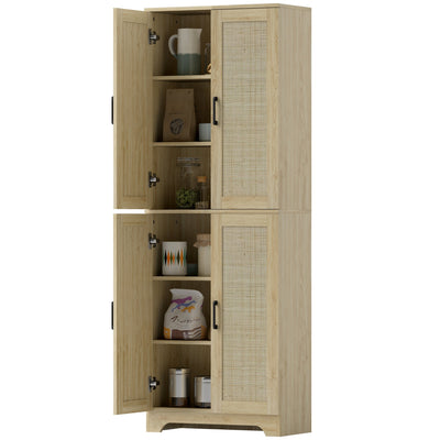 HOMCOM 67" Tall Kitchen Pantry, Freestanding Kitchen Storage Cabinet with 4 Rattan Doors and Adjustable Shelves, Oak 