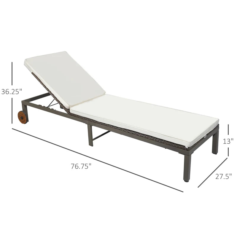 Patio Rattan Sun Lounger with 4-Level Adjustable Backrest and Wheels, Wicker Chaise Lounge Chair with Cushion, for Patio, Deck, Poolside Cream White