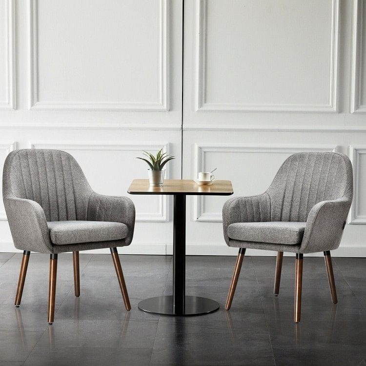 Set of 2 Retro Grey Linen Upholstered Accent Chair with Stylish Wood Legs - Free Shipping