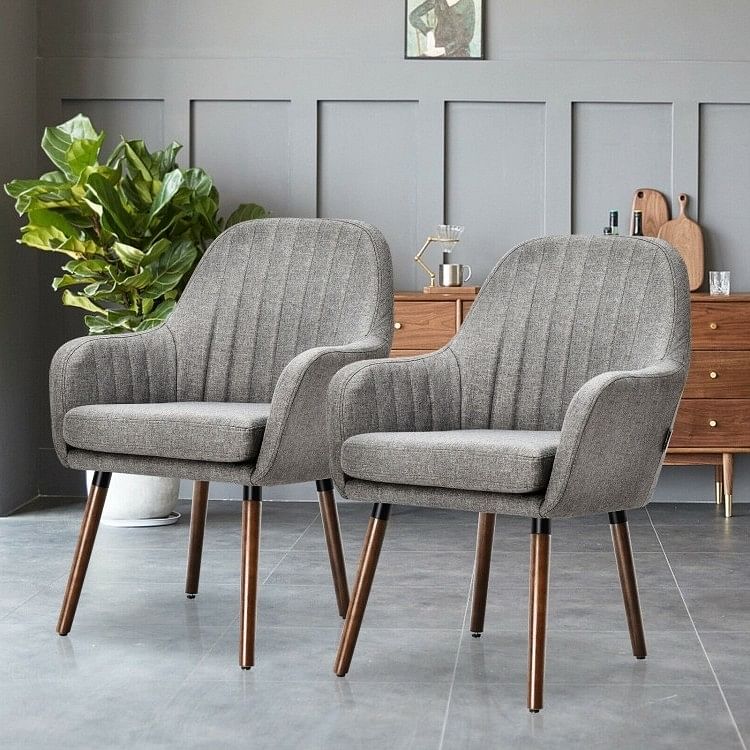 Set of 2 Retro Grey Linen Upholstered Accent Chair with Stylish Wood Legs - Free Shipping