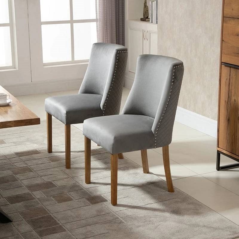 Set of 2 Modern Nailhead Diamond Stitch Upholstered Dining Chairs in Light Grey - Free Shipping