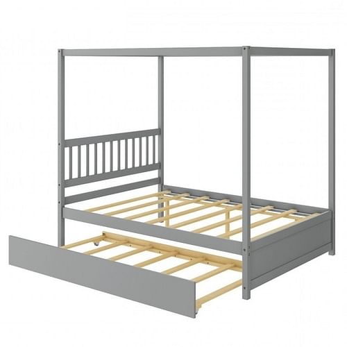 Gray Full Size Canopy Platform Bed with Twin Roller Trundle Bed - Free Shipping