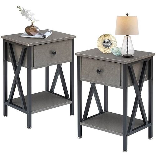 Set of 2 - 1 Drawer Nightstand in Grey and Black Wood Finish - Free Shipping 