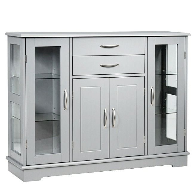 Grey Wood Buffet Sideboard Cabinet with Glass Display Doors - Free Shipping 