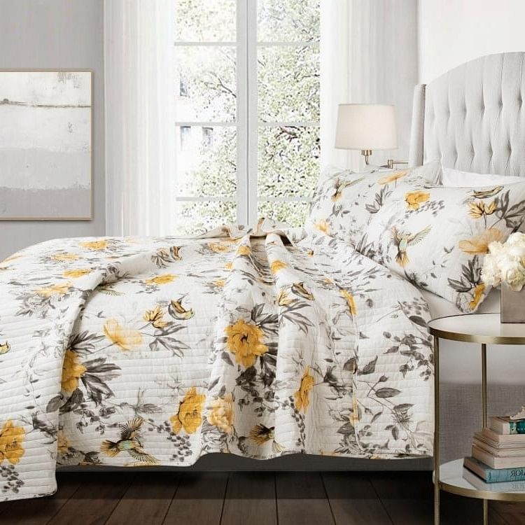 Full/Queen 3 Piece White Yellow Grey Reversible Floral Birds Cotton Quilt Set - Free Shipping