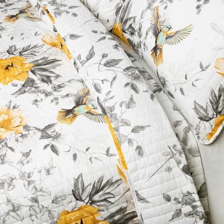 Full/Queen 3 Piece White Yellow Grey Reversible Floral Birds Cotton Quilt Set - Free Shipping