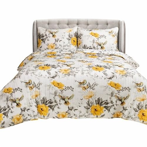 Full/Queen 3 Piece White Yellow Grey Reversible Floral Birds Cotton Quilt Set - Free Shipping