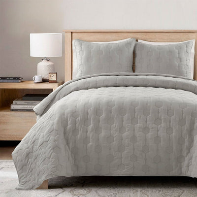 Full/Queen Hexagonal Pattern Lightweight Grey Textured Cotton 3 Piece Quilt Set - Free Shipping 